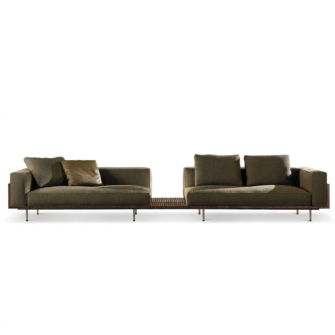Horizon Modular Fabric Sofa with Integrated Slat Wood Bridge Table