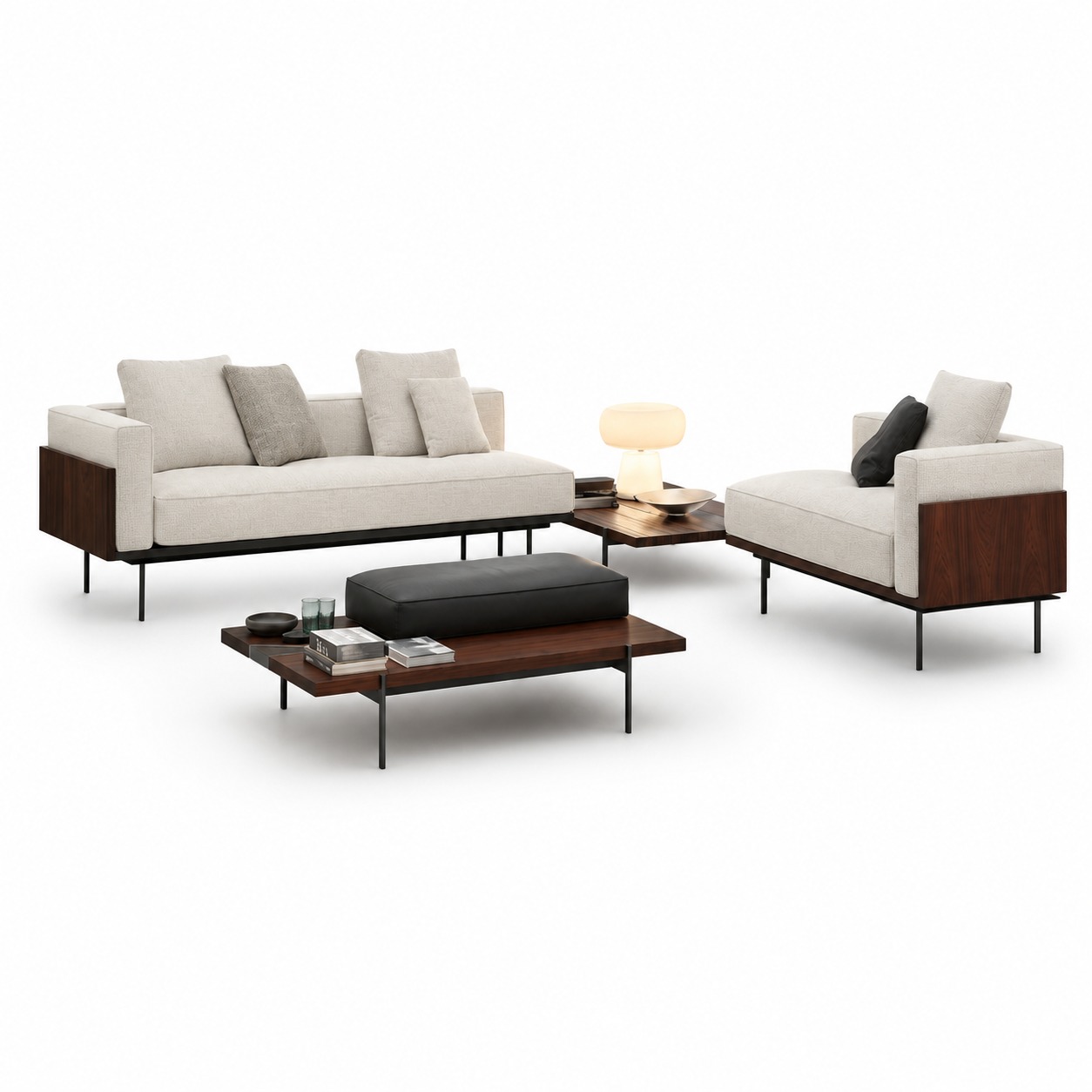 Meridian Walnut Platform Living Room Set with Fabric Sofa and Lounge Chair