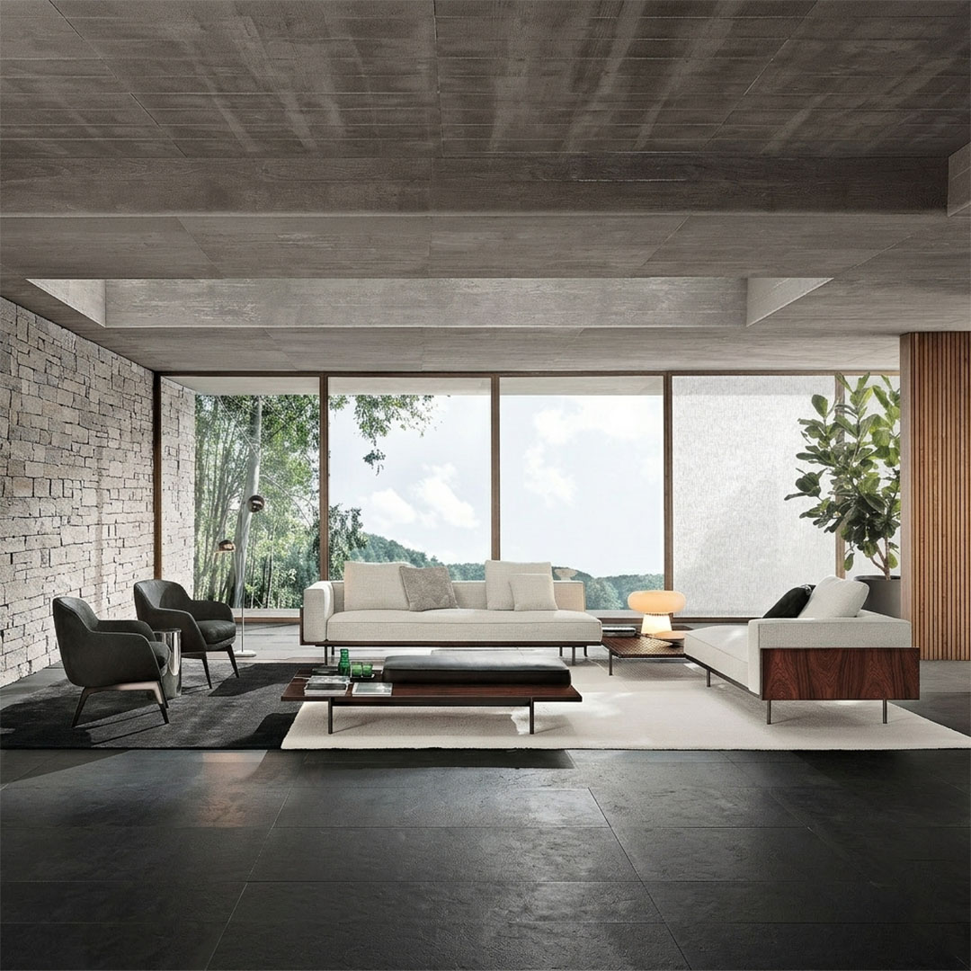 Meridian Walnut Platform Living Room Set with Fabric Sofa and Lounge Chair - Image 2