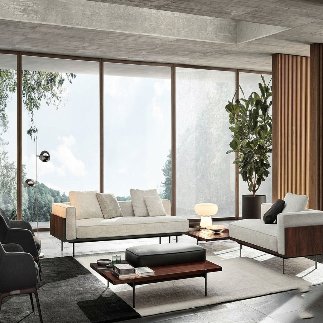 Meridian Walnut Platform Living Room Set with Fabric Sofa and Lounge Chair - Image 3