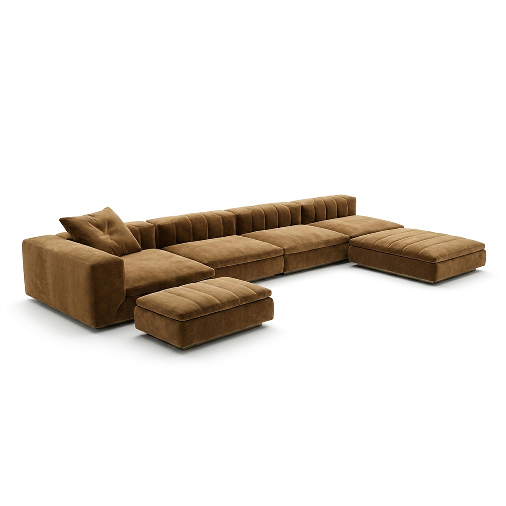 Plush Modular Velvet Sectional Sofa with Matching Ottomans – Rich Earth Brown