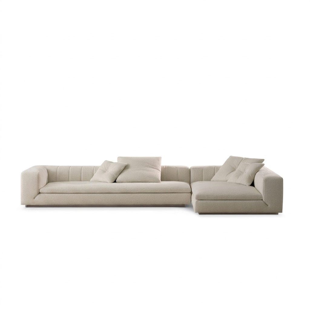 Minimalist Bouclé L-Shape Sectional Sofa with Accent Pillows – Cream White