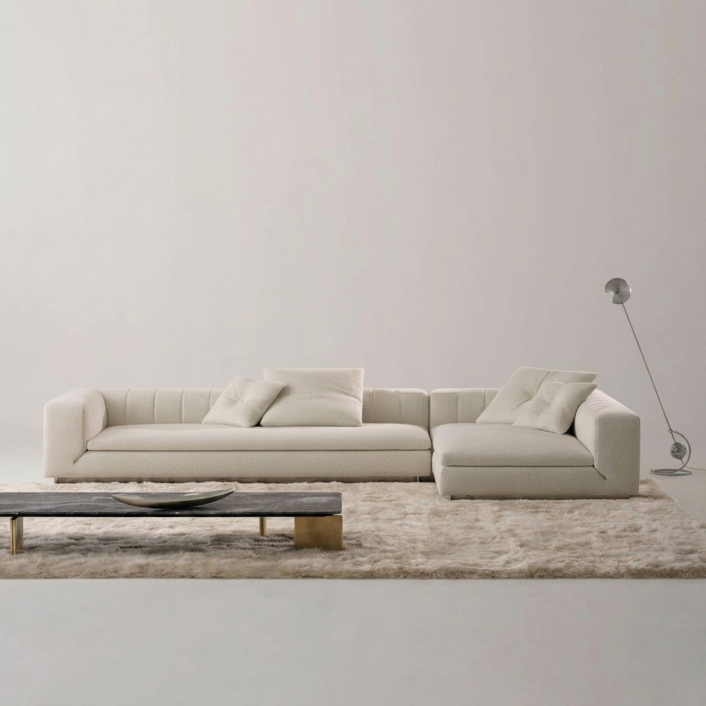 Minimalist Bouclé L-Shape Sectional Sofa with Accent Pillows – Cream White - Image 3